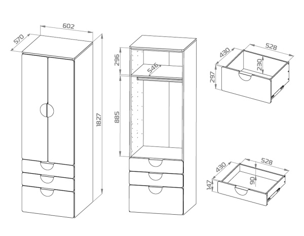 Шкаф ПИКСИ распашной двухдверный с 3 выдвижными ящиками и полкой