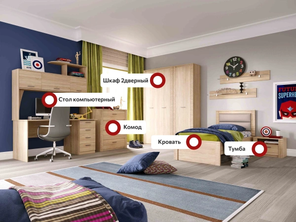 Гарнитур для молодёжной комнаты Элана композиция 3 (Цвет Дуб Сонома)