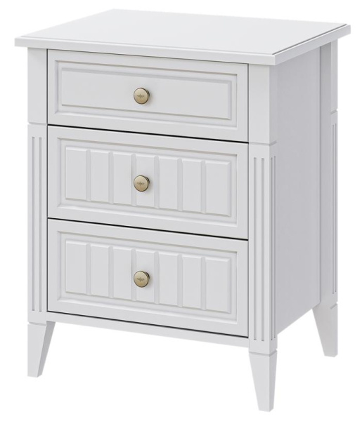 Тумба прикроватная Мэгги 3 ящика (3 ЯЩИКА, ЛДСП/МДФ Белый снег/Лак белый)