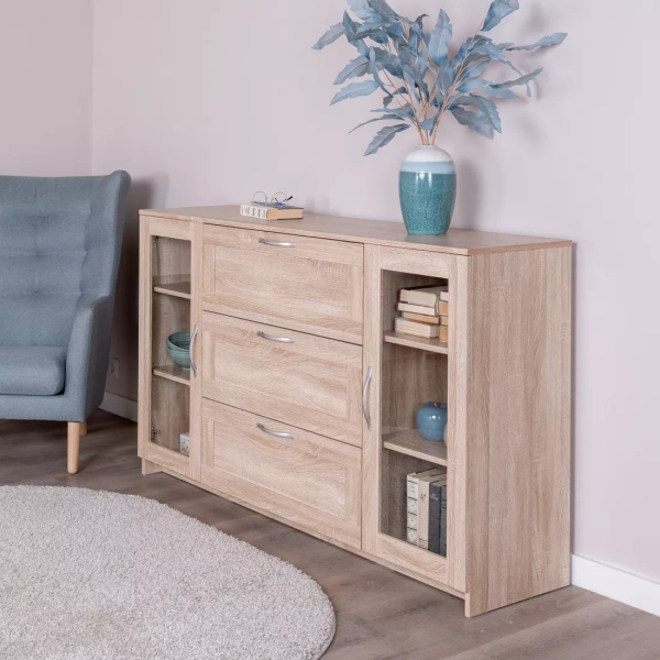 Тумба СИРИУС длинная с двумя стеклянными дверьми и тремя ящиками