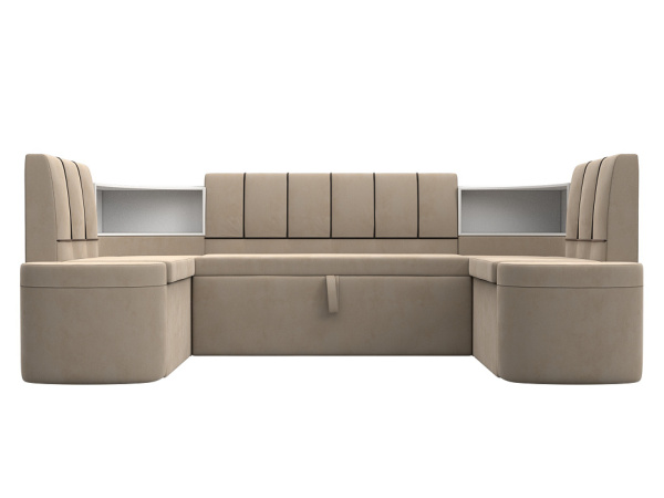 Диван кухонный П-образный Тефида Велюр (Бежевый\Коричневый)