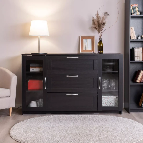 Тумба СИРИУС длинная с двумя стеклянными дверьми и тремя ящиками