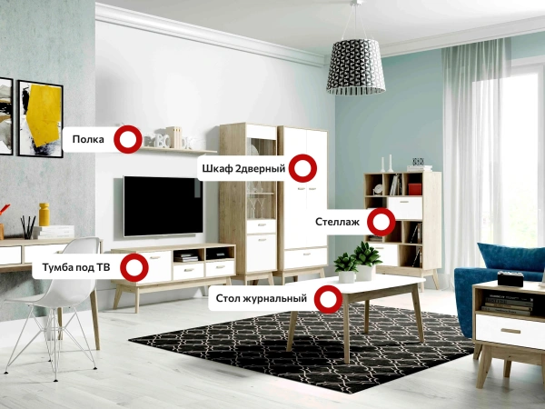 Модульная гостиная Калгари композиция 3 (Цвет Дуб натуральный светлый / Белый матовый)