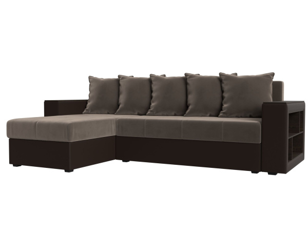 Диван угловой Дубай Лайт левый угол Велюр\Экокожа (Коричневый\Коричневый)